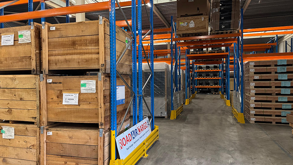 Inside warehouse, cargo in pallet racks